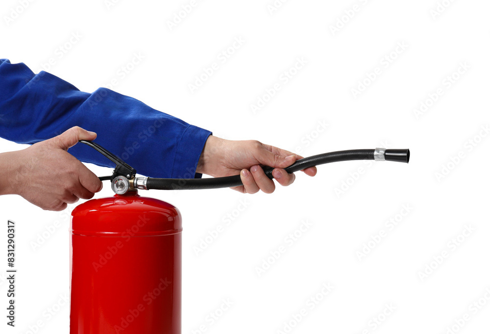 Naklejka premium Man with fire extinguisher on white background, closeup