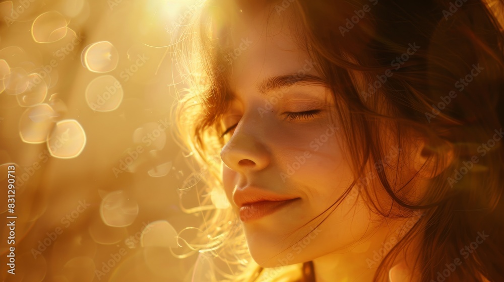 Artistic photo of a woman basking in sunlight, eyes closed and face uplifted. Artistic photo of a woman basking in sunlight, eyes closed and face uplifted.