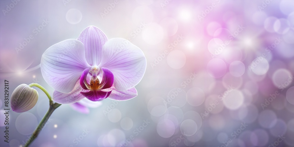 Fototapeta premium Orchid Blur: A soft, purple and white blurred background showcasing the elegant shape of a single orchid. 