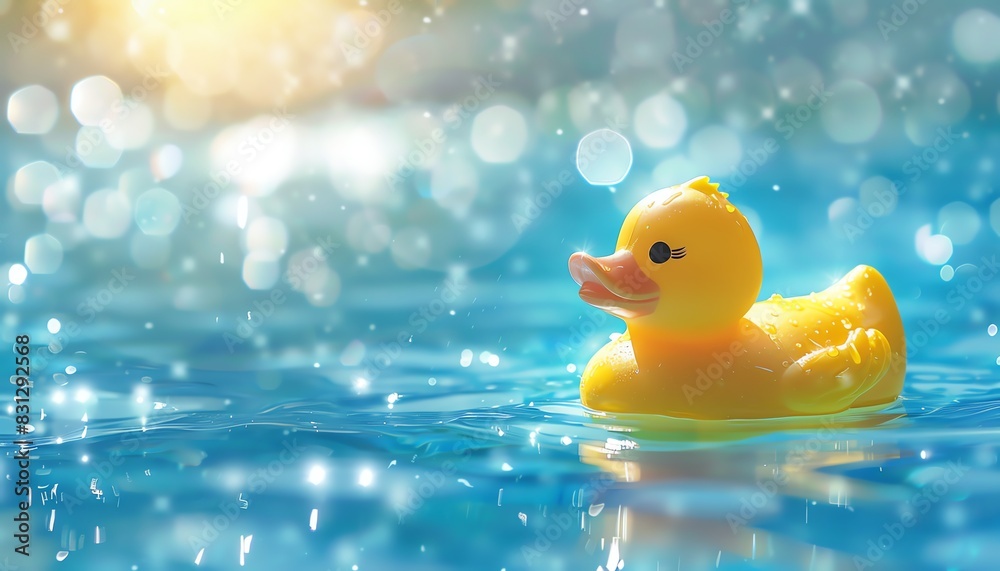 A cute yellow rubber duck floating on sparkling blue water with a sunny background, perfect for themes of childhood, fun, and relaxation. A cute yellow rubber duck floating on sparkling blue water with a sunny background, perfect for themes of childhood, fun, and relaxation.