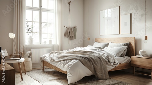 Scandinavian bedroom with wooden bed frame, white walls, cozy textiles, and minimalist decor © StudioPix