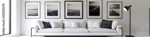 luxury minimalist living room with a gallery wall of black and white photography