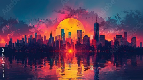 Vibrant sunset cityscape with reflective water