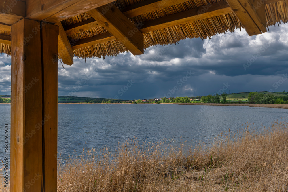 Lookout tower near Nesyt pond in cloudy spring day in south Moravia Lookout tower near Nesyt pond in cloudy spring day in south Moravia