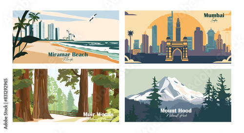 Miramar Beach, Florida, Mount Hood, National Park, Muir Woods, National Monument, Mumbai, India - Vector illustrations. Travel summer holiday vacation banner concept.