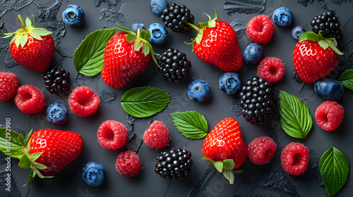 Assorted fresh berries on a dark background. A vibrant display of various fresh berries and leaves neatly arrayed on a textured dark surface, highlighting their vivid colors and freshness photo