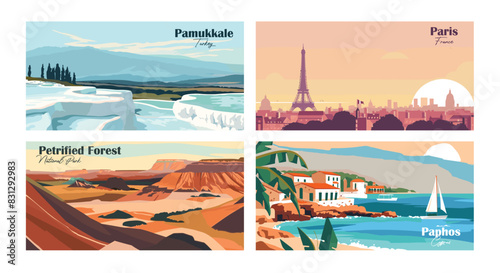 Pamukkale, Turkey, Paphos, Cyprus, Paris, France, Petrified Forest, National Park - Vector illustrations. Travel summer holiday vacation banner concept.