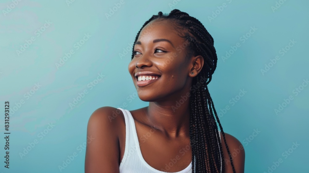 Smiling young woman with long braids and a white tank top posing confidently. Smiling young woman with long braids and a white tank top posing confidently.
