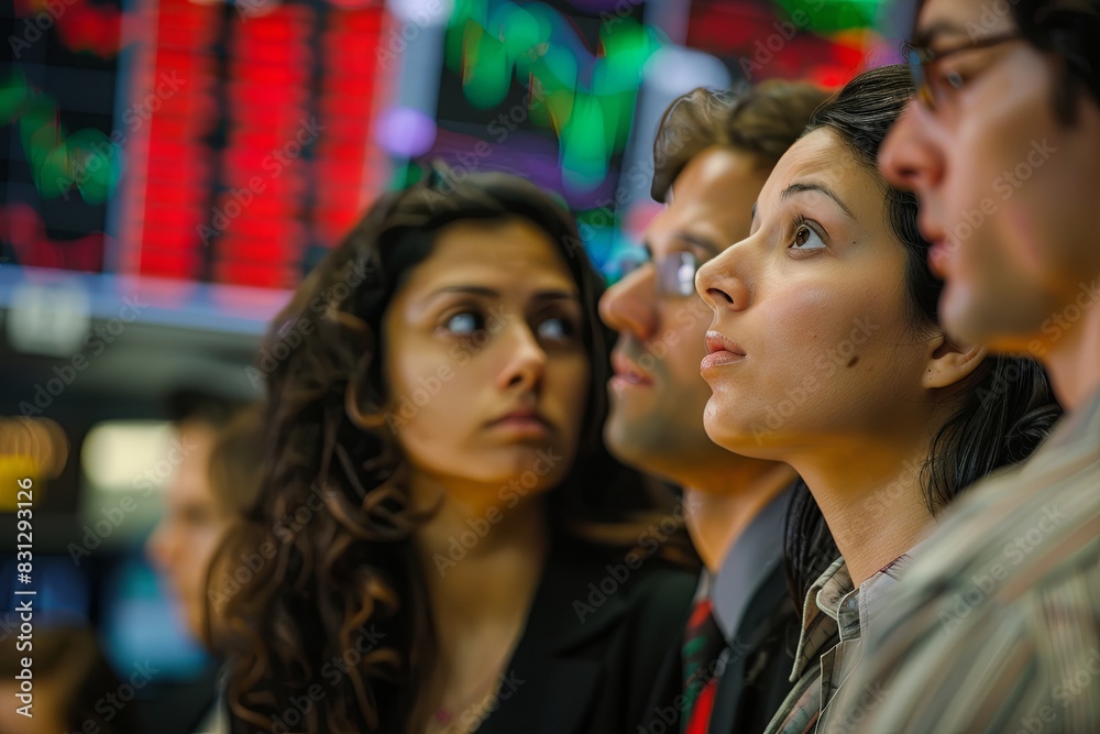 Stock market traders focused on financial data on monitors Stock market traders focused on financial data on monitors