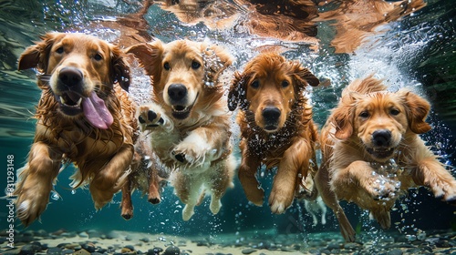 Four golden retrievers swimming underwater, showcasing their playful and energetic nature in a crystal-clear water setting. photo