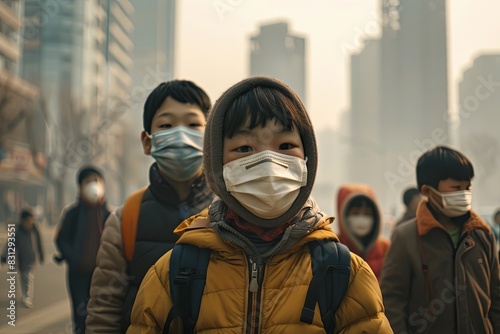 Children wearing masks outdoors in an urban setting during a smoggy day photo