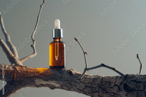 Dark bottle of essential oil or serum with pipette without label on beautiful branch background on gray empty background with space for text or inscriptions 