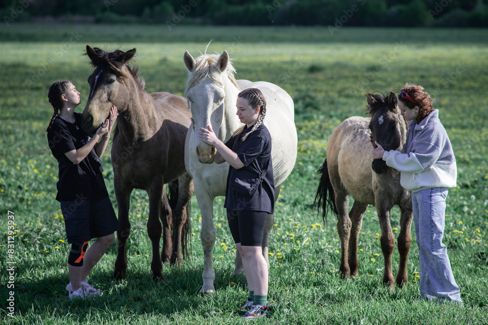 Three beautiful young girls friends on nature.