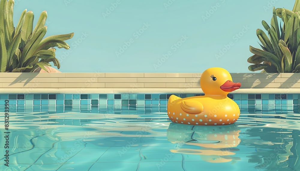 Yellow rubber duck floating in a swimming pool on a sunny day, surrounded by clear blue water and tropical plants. Yellow rubber duck floating in a swimming pool on a sunny day, surrounded by clear blue water and tropical plants.