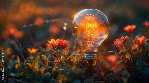 A light bulb is glowing in a field of flowers © tope007