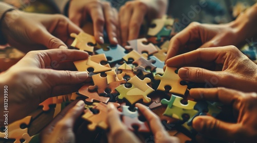 A group of people are working together to solve a jigsaw puzzle