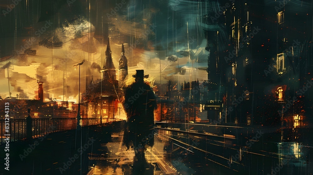 Mysterious and Dramatic Urban Scene on a Rainy Night with Silhouetted Figure and Reflections