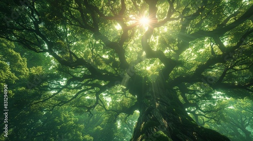 green tree  lit by the sun  crooked branches and all.