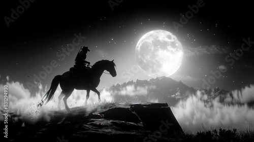 "Moonlit Silhouette: A Lone Rider Amidst the Clouds"