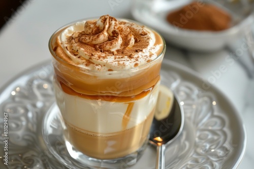 Creamy caramel whipped coffee served in a clear glass, ready to indulge