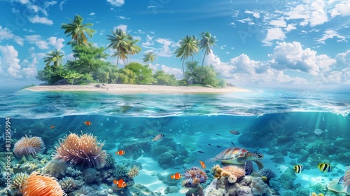 Abstract background   A beautiful tropical island with palm trees and clear blue water  a colorful coral reef and sea anemone at the bottom with an underwater view of a sea turtle and three clownfish.