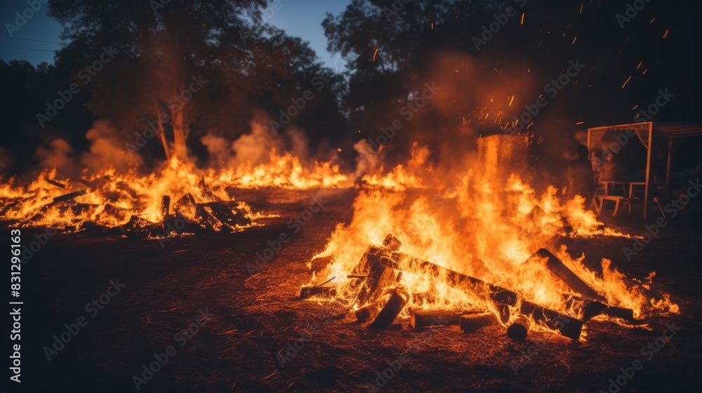Impressive spectacle of intense fire blazing in the dark night sky, a powerful display of flames Impressive spectacle of intense fire blazing in the dark night sky, a powerful display of flames