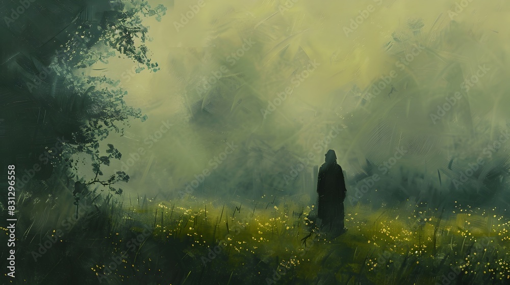 Solitary Silhouette Amid Ethereal Fog-Shrouded Landscape Solitary Silhouette Amid Ethereal Fog-Shrouded Landscape