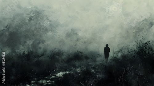 Solitary Figure Immersed in the Mysterious Mist of a Enchanted Forest Landscape