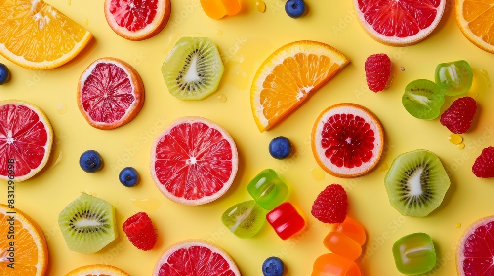 Colorful flat lay of various fruit slices and jellies arranged in a pattern.