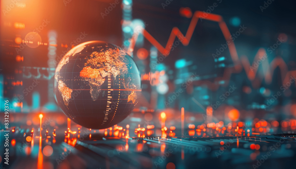 A globe is surrounded by a cityscape with a lot of lights and a lot of numbers by AI generated image A globe is surrounded by a cityscape with a lot of lights and a lot of numbers by AI generated image