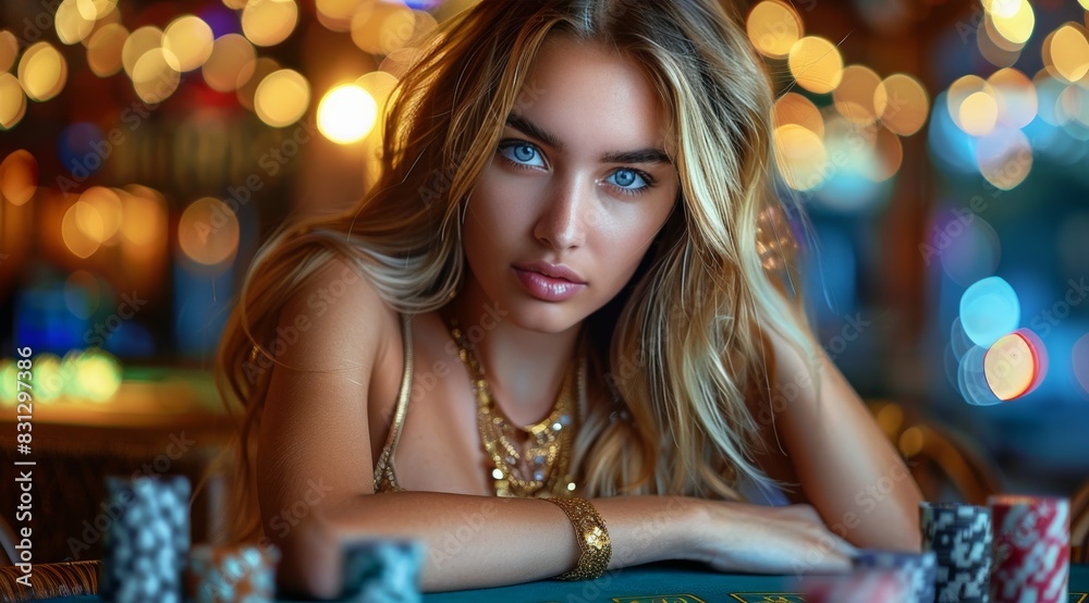 Woman Sitting at Table With Poker Chips Woman Sitting at Table With Poker Chips
