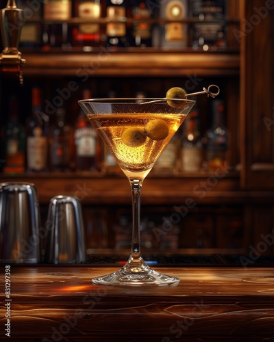 A realistic depiction of a classic martini with an olive garnish, served in an elegant martini glass on a wooden bar counter. The background should include a dimly lit bar with vintage decor,