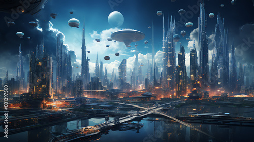 A futuristic city with tall buildings and a large moon in the background. There is a river running through the middle of the city and it is surrounded by mountains.