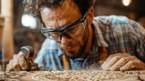 Man Grinding Wood Piece With Grinder close up