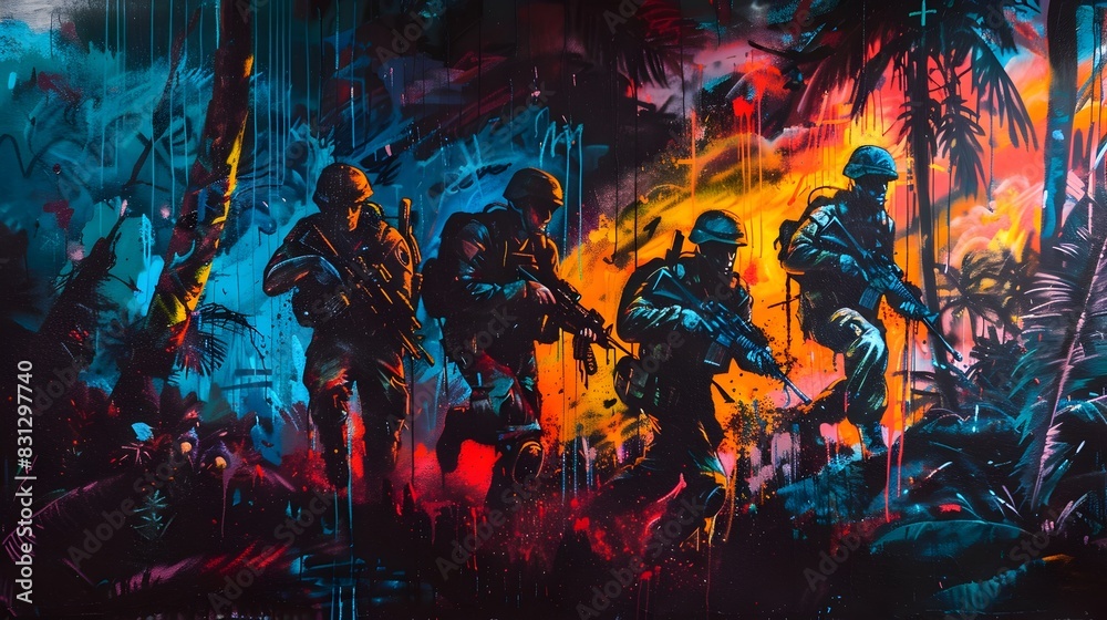 Fototapeta premium Special Forces Soldiers Engaged in Covert Jungle Combat at Night