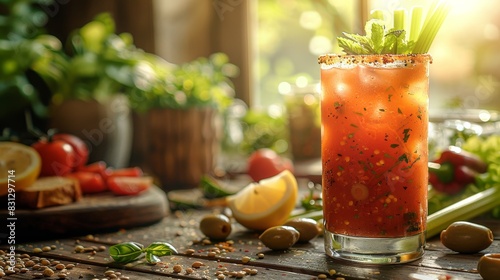 A realistic depiction of a classic Bloody Mary cocktail with celery stalk, olive, and lemon wedge garnish. The glass should be on a brunch table with various breakfast foods and a sunny window in the