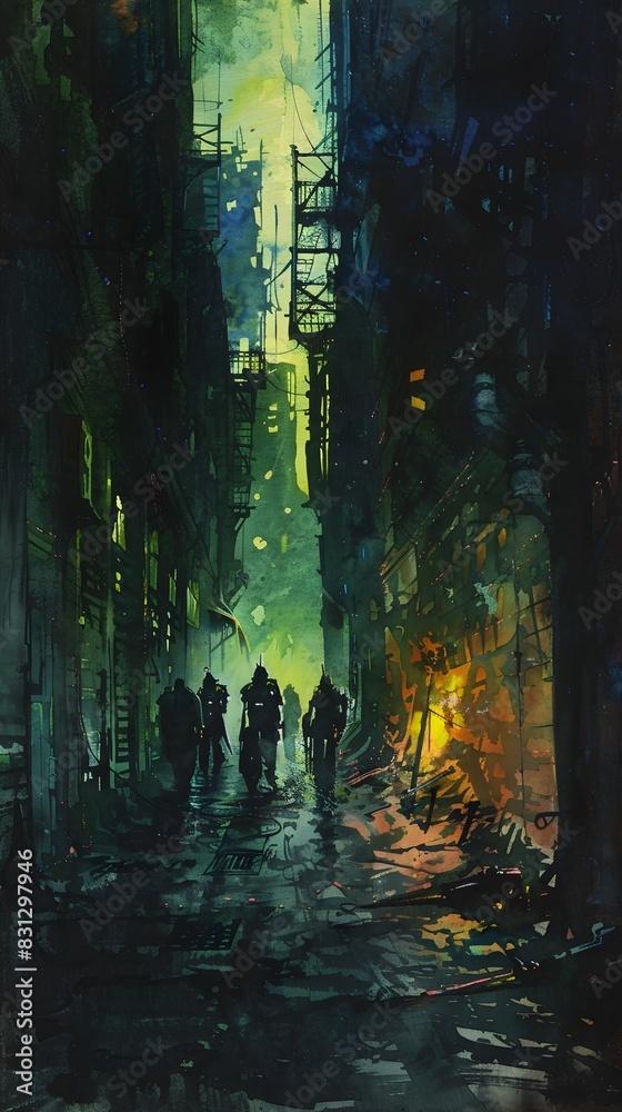 Obraz premium Mysterious Alley in Dimly Lit Urban Landscape at Nightfall