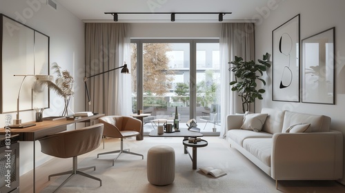 Scandinavian home office featuring clean lines  neutral colors  sleek furniture  and cozy atmosphere