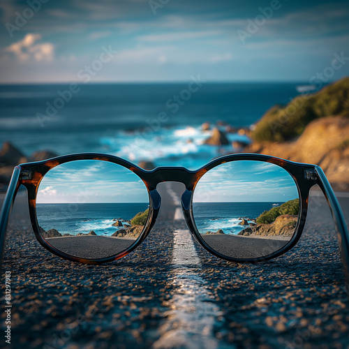 A pair of glasses with the frames resting on an empty road, summer concept