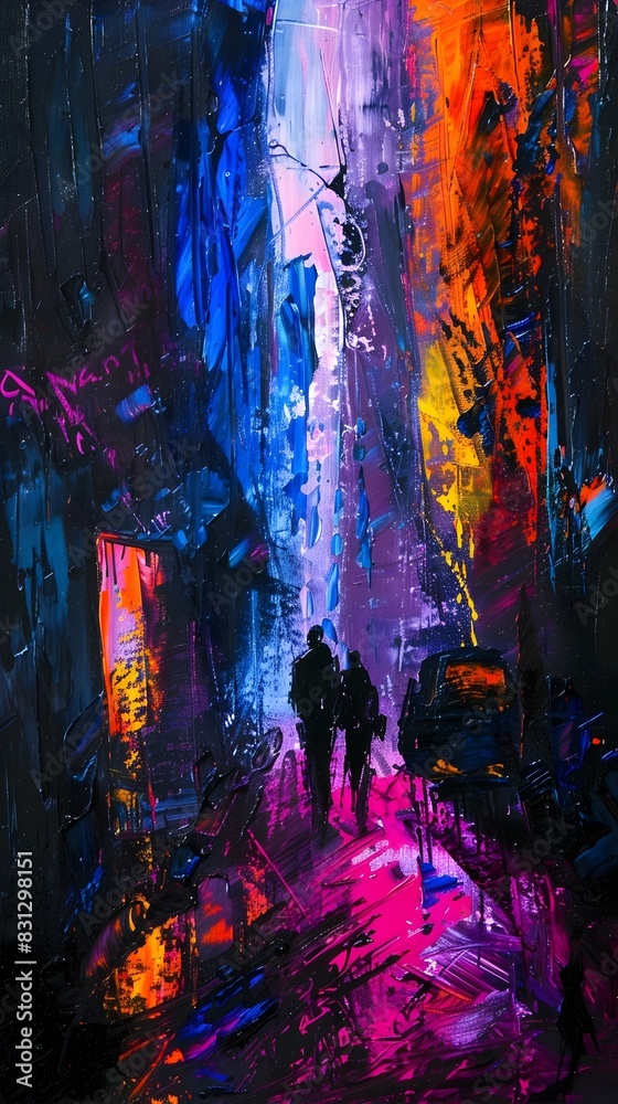 Fototapeta premium Vibrant Abstraction of Urban Nightscape with Dynamic Lights and Brushstrokes