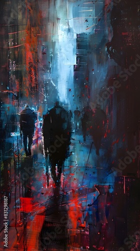 Mysterious Nighttime Cityscape with Blurred Figures in Motion and Vibrant Lights
