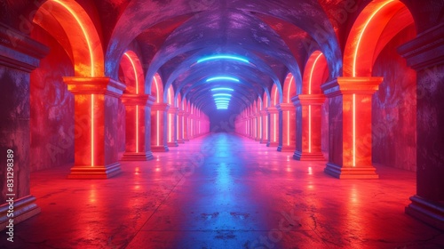 Three-dimensional rendering of futuristic modern cyber laser neon square lights glowing blue orange cement grunge room corridor tunnel bunker stage podium background
