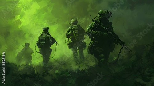 Silhouetted Soldiers Advancing Through Smoke-Filled Battlefield photo