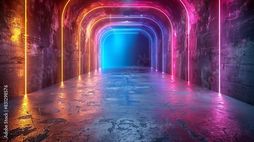 Purple Blue Vibrant Sci-Fi Futuristic Warehouse Empty Stage Showcase Room Corridor Tunnel Grunge Concrete Dark Underground Background 3D Rendering photo