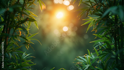 Bamboo Tree Garden in Natural Green Background with Sunrise light