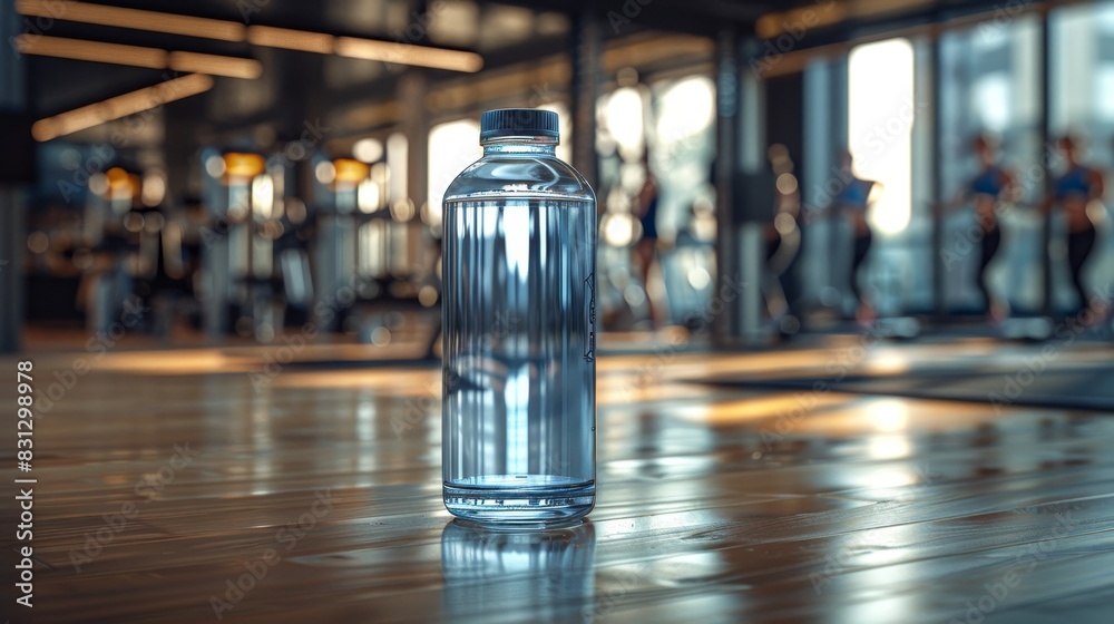 A 3D model of a reusable water bottle with a modern design, placed in a gym setting with workout equipment and athletes in the background. The scene should emphasize health and fitness. A 3D model of a reusable water bottle with a modern design, placed in a gym setting with workout equipment and athletes in the background. The scene should emphasize health and fitness.