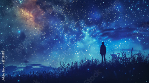 Man Standing on Hill Under Starry Night Sky, the silhouette of the figure © Natawut