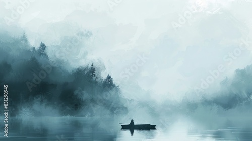 Solitary boatman in misty lake landscape photo