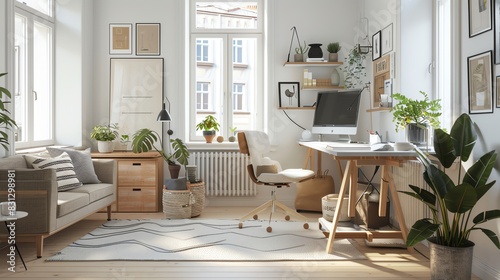 Scandinavian home office with ergonomic furniture  white walls  wooden accents  and natural light