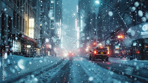 A snowy city street with a car driving down it photo